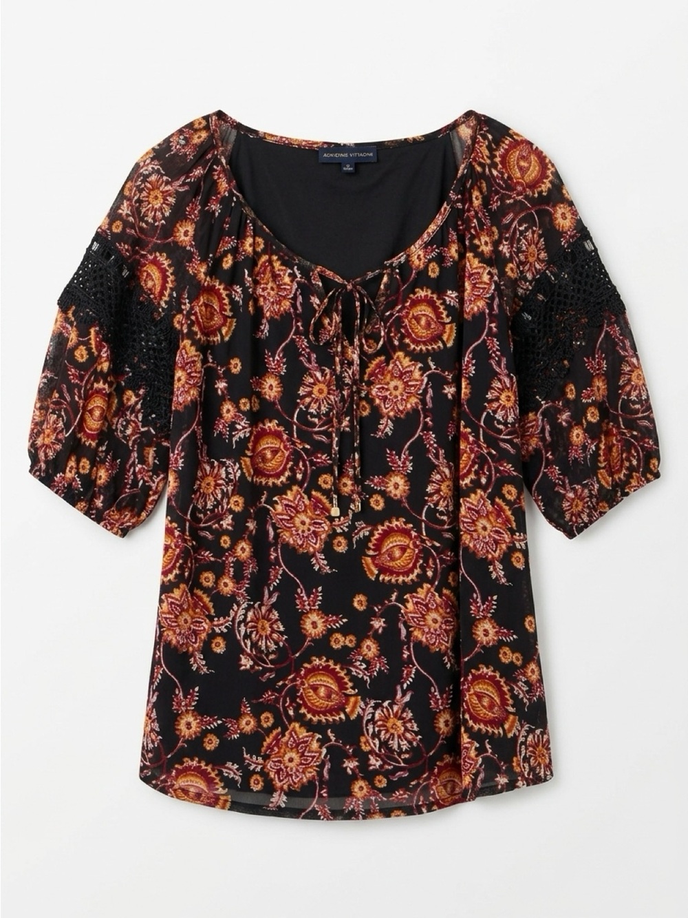 Adrienne Vittadini Black and Orange Floral Tie-Neck Peasant Top